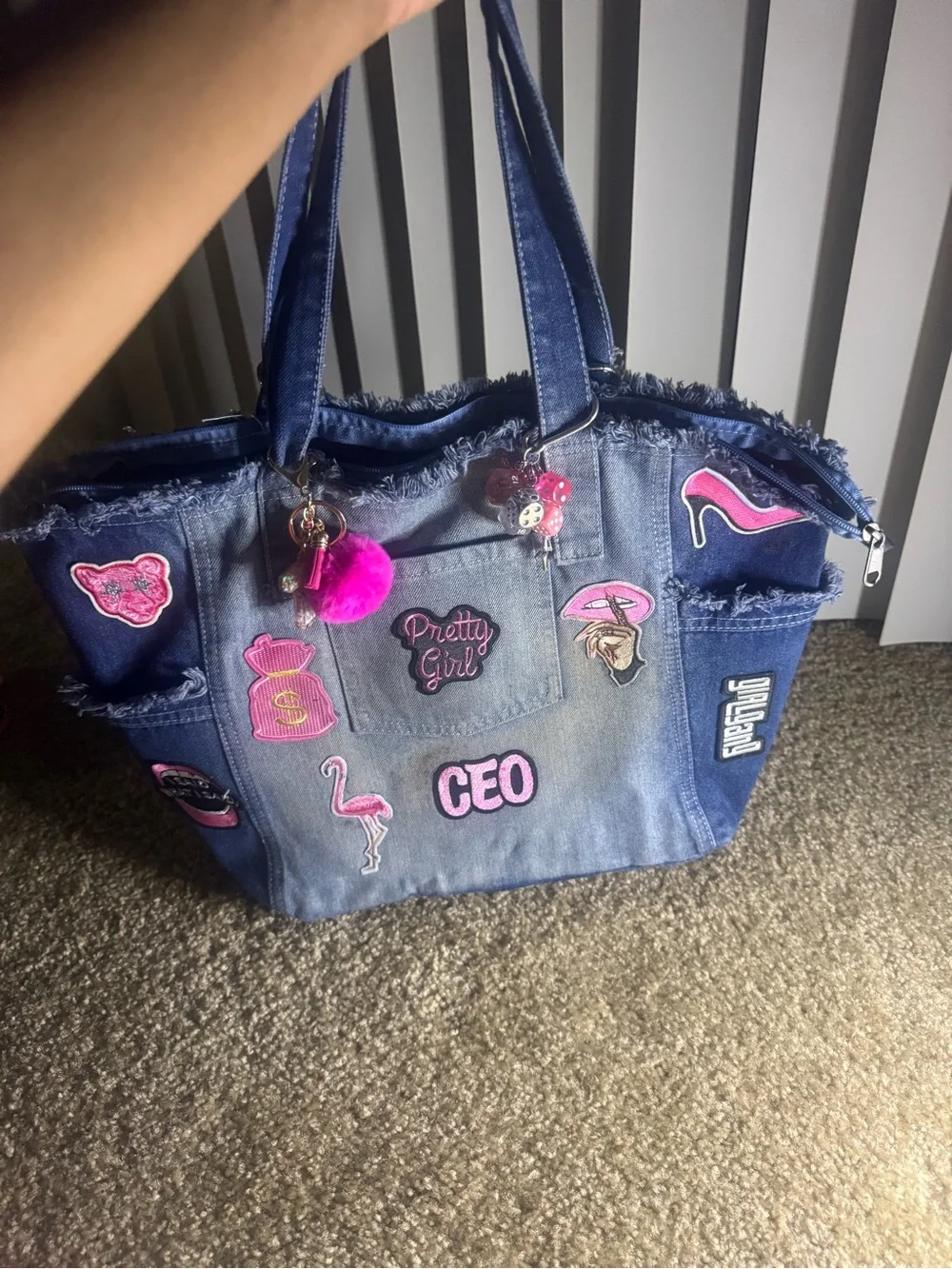 Denim Patch Tote Bag - Pink Accents